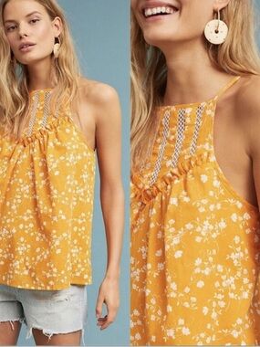 Anthropologie Maeve Martell yellow floral halter top with a lace ruffled yoke